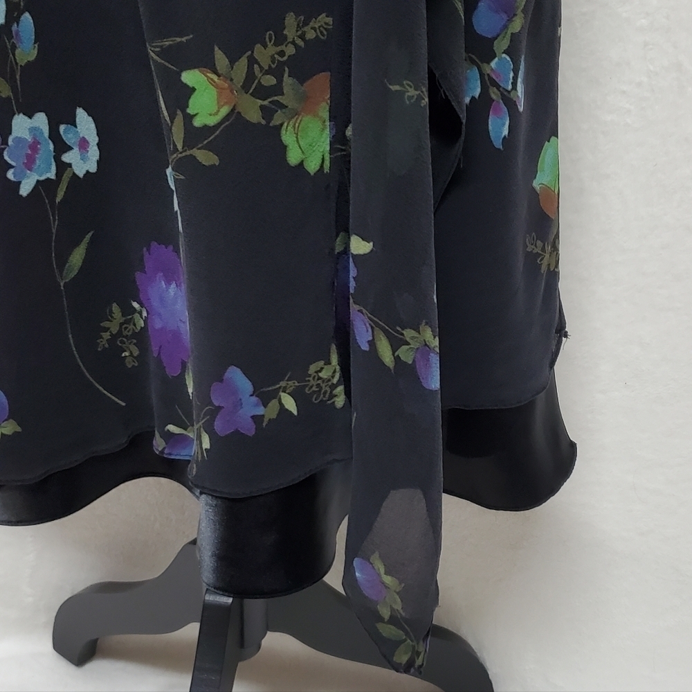 VINTAGE Liz Claiborne Purple Floral Silk Chiffon Black Satin Ruffle Midi Dress M - Picture 9 of 16